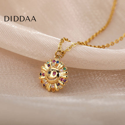 Sunset Pendant Necklace | Gold Happy Sunflower Colorful Zirconia Chain - Necklaces