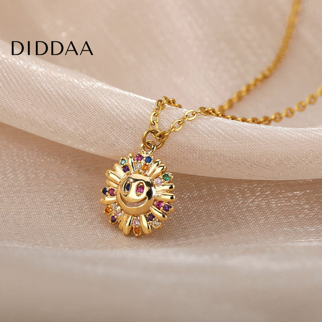 Sunset Pendant Necklace | Gold Happy Sunflower Colorful Zirconia Chain - Necklaces