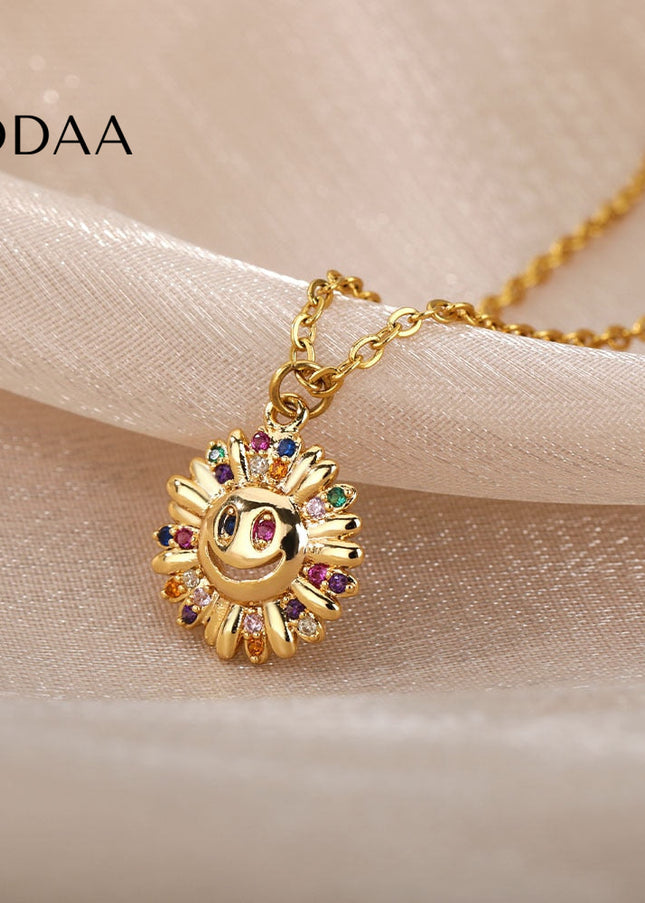 Sunset Pendant Necklace | Gold Happy Sunflower Colorful Zirconia Chain - Necklaces