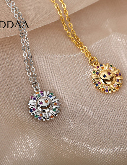 Sunset Pendant Necklace | Gold Happy Sunflower Colorful Zirconia Chain - Silver - Necklaces