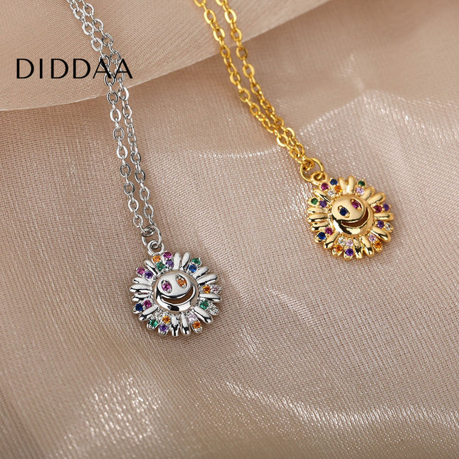 Sunset Pendant Necklace | Gold Happy Sunflower Colorful Zirconia Chain - Silver - Necklaces