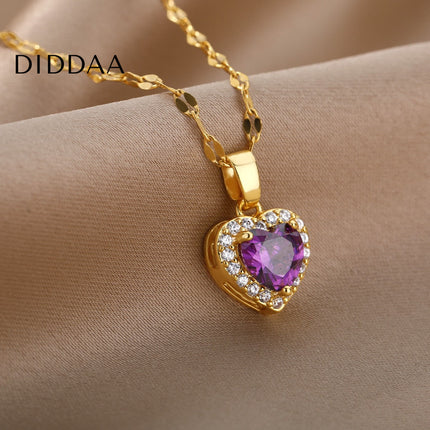 Velvet Pendant Necklace | Gold Small Purple Stone Zirconia Heart Chain - Gold - Necklaces