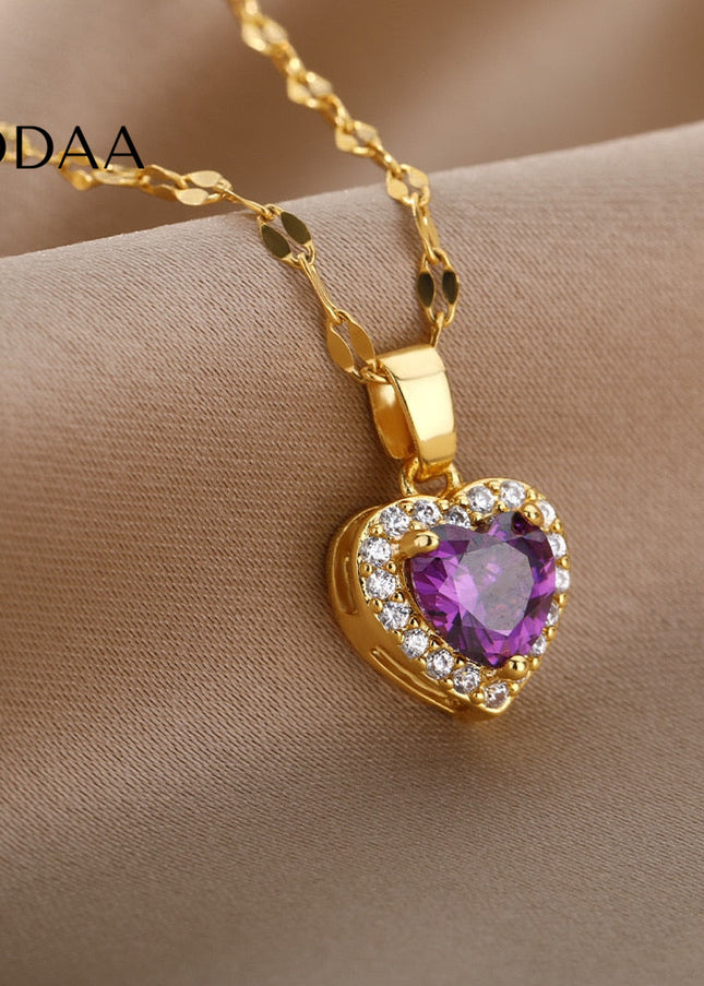 Velvet Pendant Necklace | Gold Small Purple Stone Zirconia Heart Chain - Gold - Necklaces
