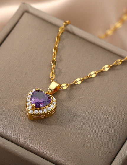 Velvet Pendant Necklace | Gold Small Purple Stone Zirconia Heart Chain - Gold - Necklaces