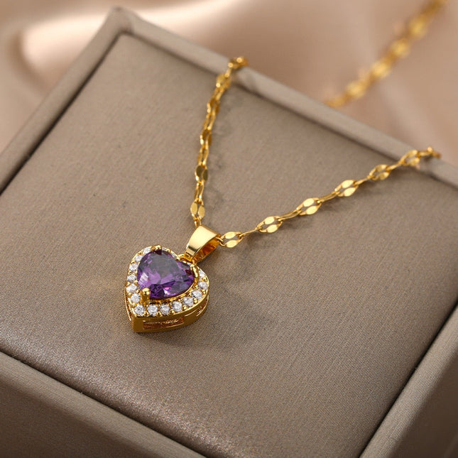 Velvet Pendant Necklace | Gold Small Purple Stone Zirconia Heart Chain - Gold - Necklaces