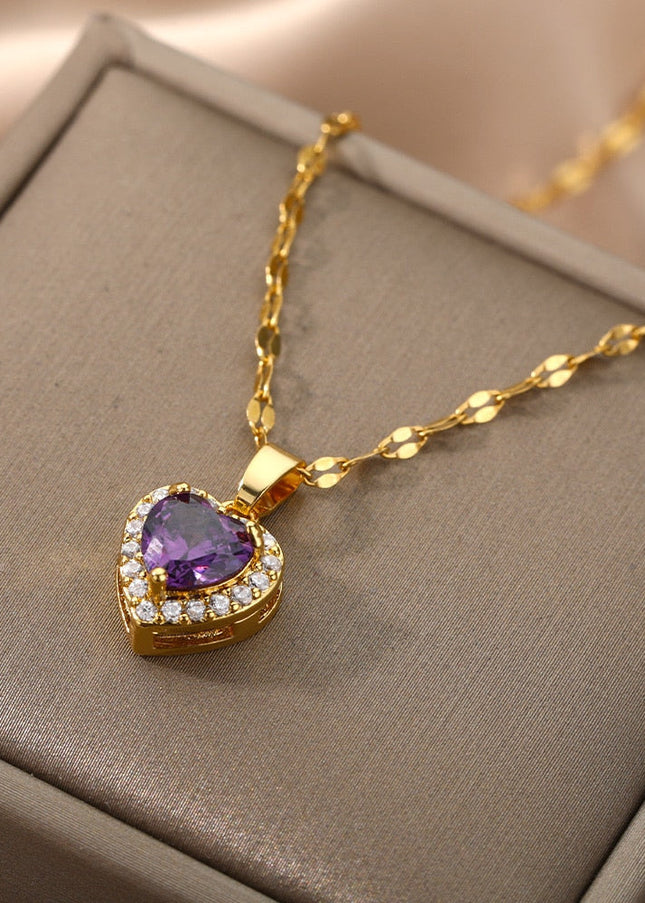 Velvet Pendant Necklace | Gold Small Purple Stone Zirconia Heart Chain - Gold - Necklaces