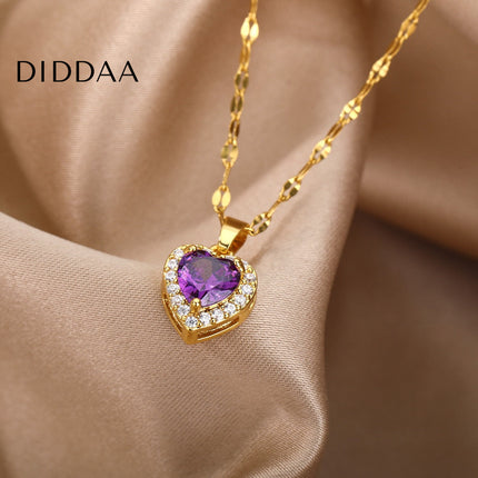 Velvet Pendant Necklace | Gold Small Purple Stone Zirconia Heart Chain - Gold - Necklaces
