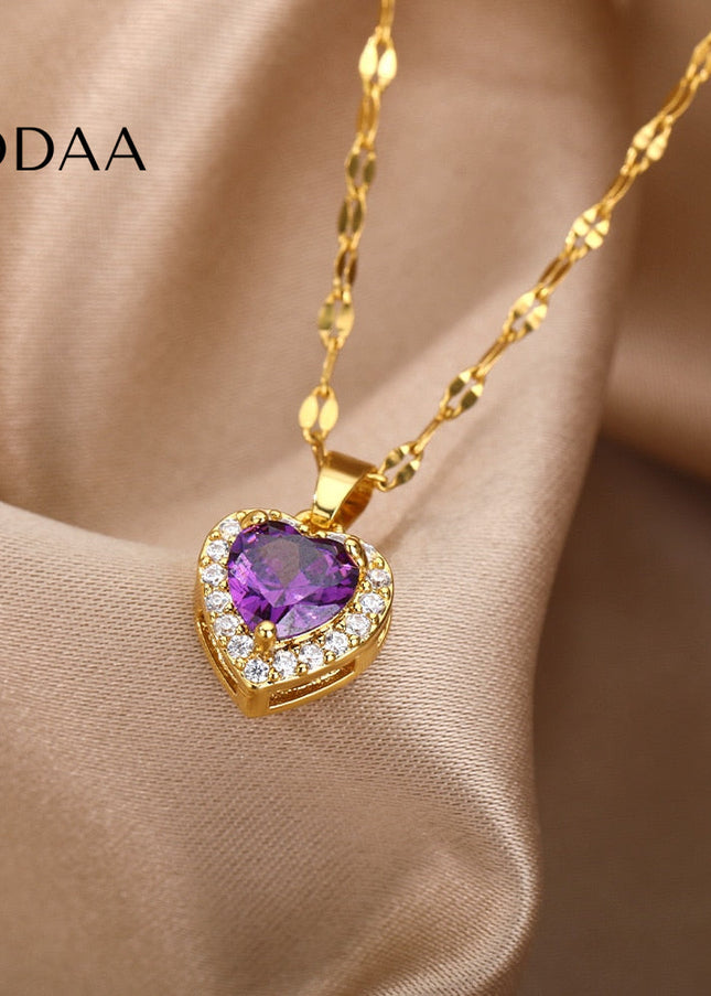 Velvet Pendant Necklace | Gold Small Purple Stone Zirconia Heart Chain - Gold - Necklaces