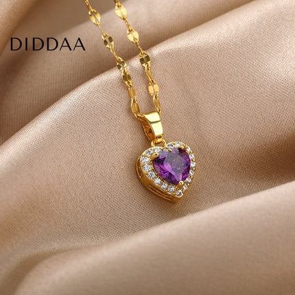 Velvet Pendant Necklace | Gold Small Purple Stone Zirconia Heart Chain - Gold - Necklaces