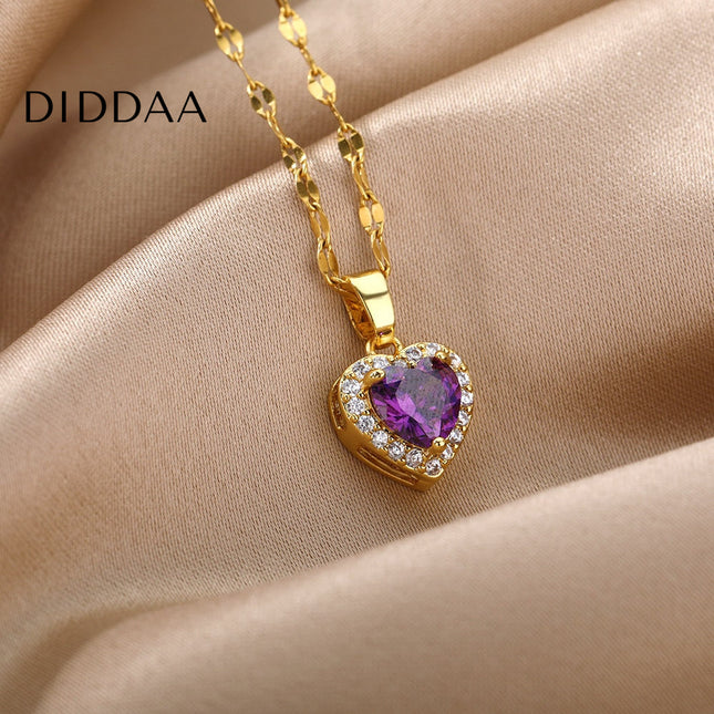 Velvet Pendant Necklace | Gold Small Purple Stone Zirconia Heart Chain - Gold - Necklaces