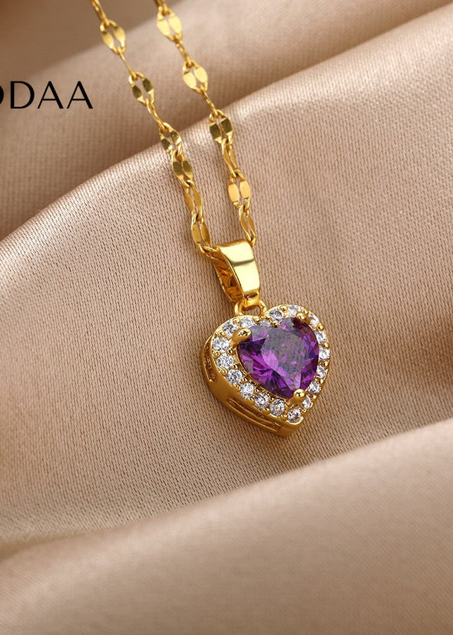 Velvet Pendant Necklace | Gold Small Purple Stone Zirconia Heart Chain - Gold - Necklaces