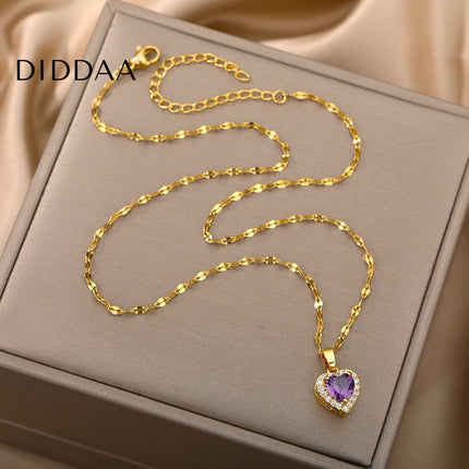 Velvet Pendant Necklace | Gold Small Purple Stone Zirconia Heart Chain - Gold - Necklaces