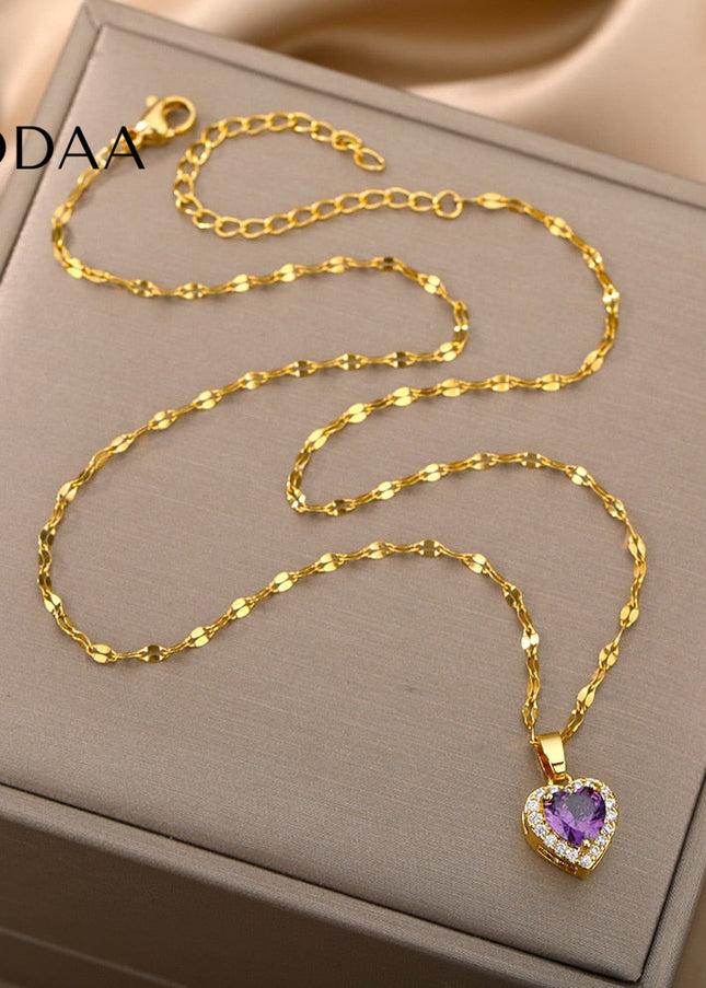 Velvet Pendant Necklace | Gold Small Purple Stone Zirconia Heart Chain - Gold - Necklaces