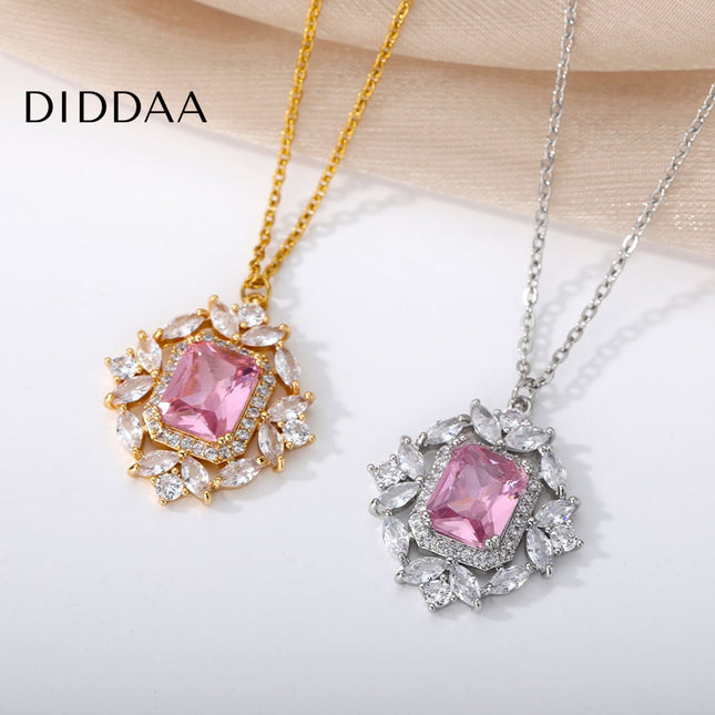 Rhinestone Pendant Necklace | Gold Pink Stone Zirconia Luxury Chain - Pink / Gold - Necklaces