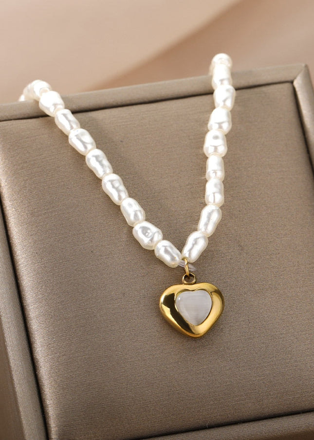 Pristine Pendant Necklace | Gold Pearl Cute Love Heart Chain - Gold - Necklaces