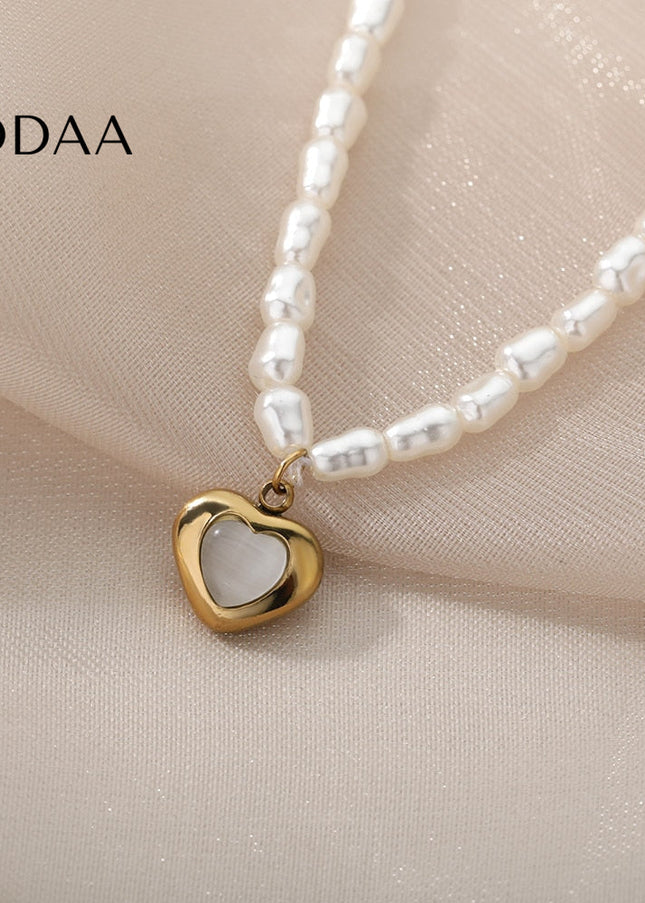 Pristine Pendant Necklace | Gold Pearl Cute Love Heart Chain - Gold - Necklaces