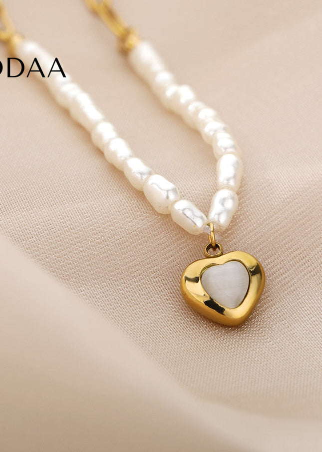 Pristine Pendant Necklace | Gold Pearl Cute Love Heart Chain - Gold - Necklaces