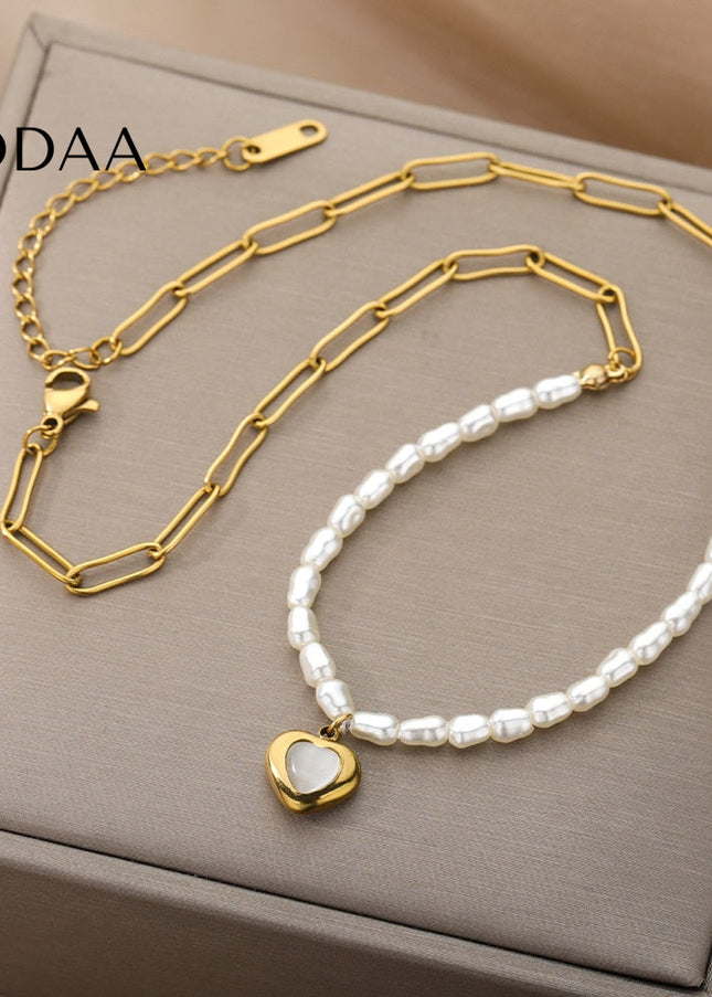 Pristine Pendant Necklace | Gold Pearl Cute Love Heart Chain - Gold - Necklaces