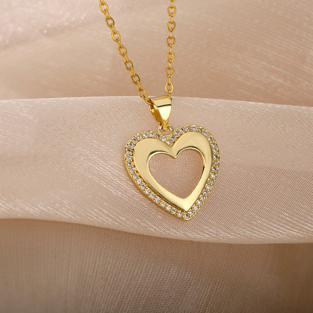 March Pendant Necklace | Gold Zirconia Hollow Heart Chain - Gold - Necklaces