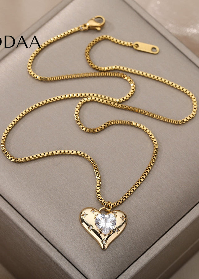 Heavenly Pendant Necklace | Gold Zirconia Pearl Heart Chain - Necklaces