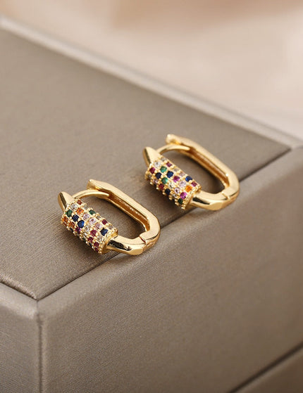Tensan Earrings | Gold Zirconia Colorful Stone Hoop Earrings - Gold - Earrings