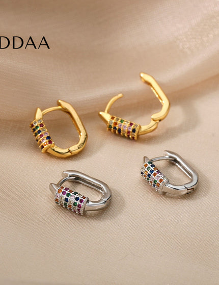 Tensan Earrings | Gold Zirconia Colorful Stone Hoop Earrings - Silver - Earrings