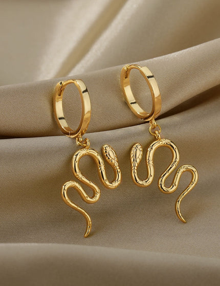 Junoesque Earrings | Gold Snake Animal Hoop Drop Earrings - Gold - Earrings