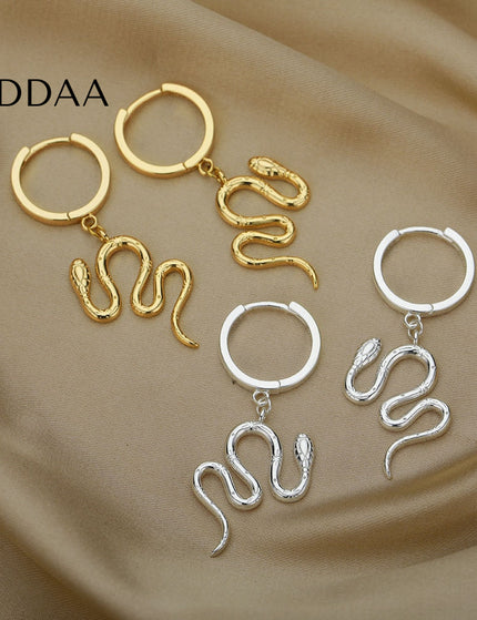 Junoesque Earrings | Gold Snake Animal Hoop Drop Earrings - Silver - Earrings