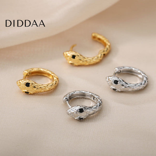 Rouge Earrings | Gold Silver Green Eyes Snake Animal Hoop Earrings - Black / Gold - Earrings