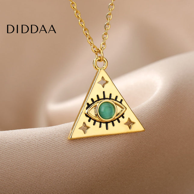 Marre Pendant Necklace | Gold Triangle Green Eye Chain - Necklaces