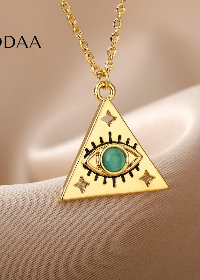 Marre Pendant Necklace | Gold Triangle Green Eye Chain - Necklaces