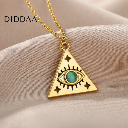 Marre Pendant Necklace | Gold Triangle Green Eye Chain - Necklaces
