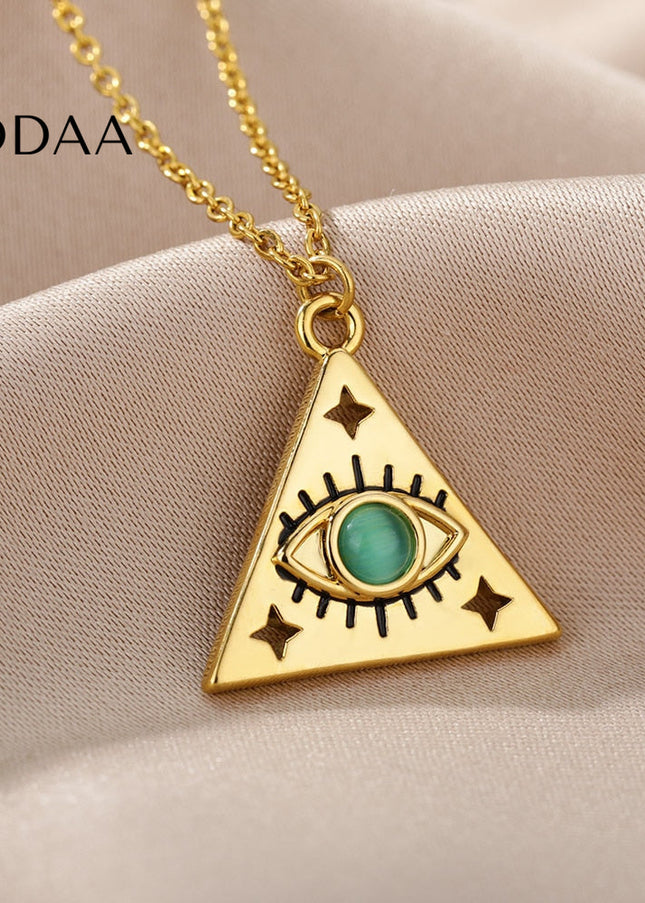 Marre Pendant Necklace | Gold Triangle Green Eye Chain - Necklaces