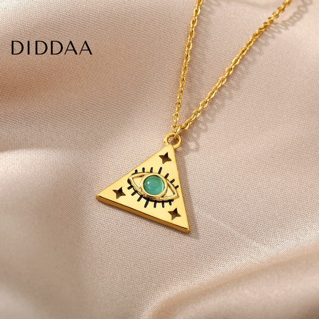 Marre Pendant Necklace | Gold Triangle Green Eye Chain - Necklaces