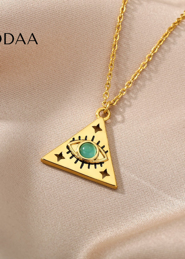 Marre Pendant Necklace | Gold Triangle Green Eye Chain - Necklaces