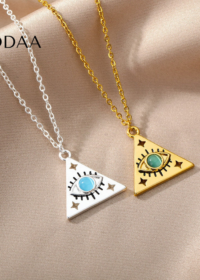 Marre Pendant Necklace | Gold Triangle Green Eye Chain - Silver - Necklaces