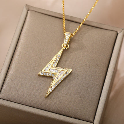 Noire Pendant Necklace | Gold Zirconia Lightning Bolt Chain - Gold - Necklaces