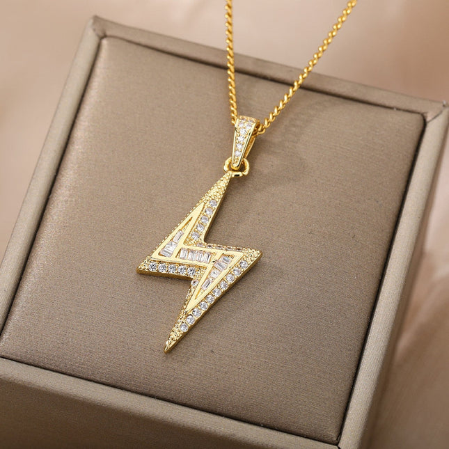 Noire Pendant Necklace | Gold Zirconia Lightning Bolt Chain - Gold - Necklaces