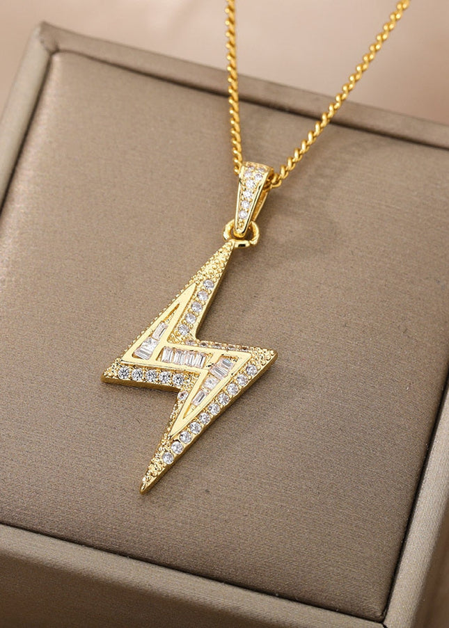 Noire Pendant Necklace | Gold Zirconia Lightning Bolt Chain - Gold - Necklaces