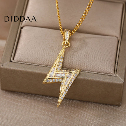 Noire Pendant Necklace | Gold Zirconia Lightning Bolt Chain - Gold - Necklaces