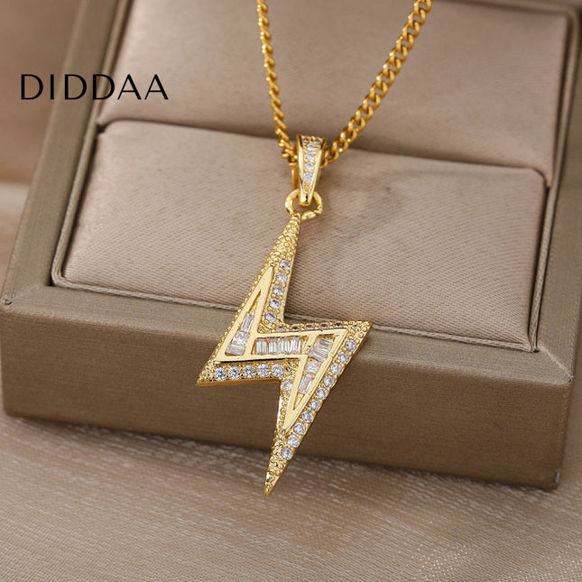 Noire Pendant Necklace | Gold Zirconia Lightning Bolt Chain - Gold - Necklaces