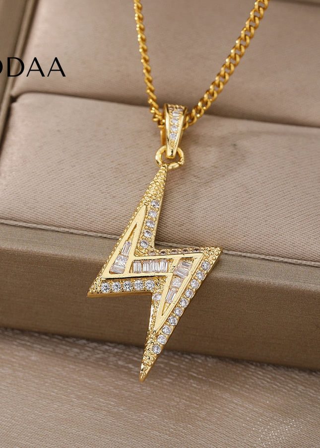 Noire Pendant Necklace | Gold Zirconia Lightning Bolt Chain - Gold - Necklaces