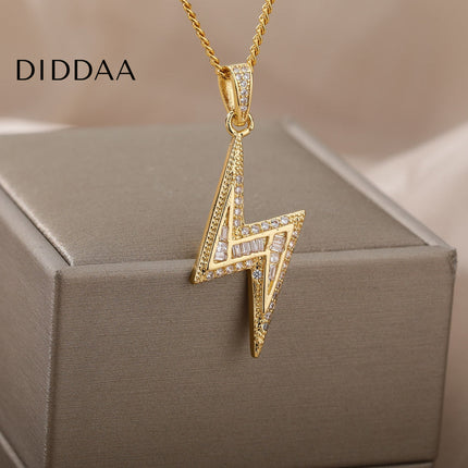Noire Pendant Necklace | Gold Zirconia Lightning Bolt Chain - Gold - Necklaces