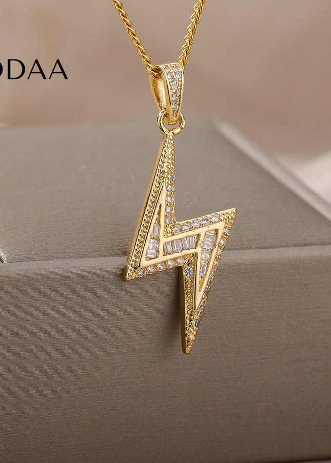 Noire Pendant Necklace | Gold Zirconia Lightning Bolt Chain - Gold - Necklaces