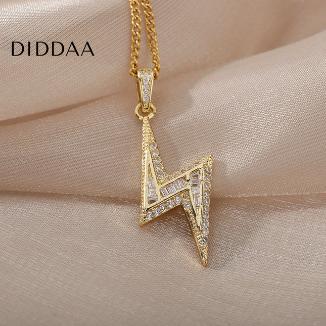Noire Pendant Necklace | Gold Zirconia Lightning Bolt Chain - Gold - Necklaces