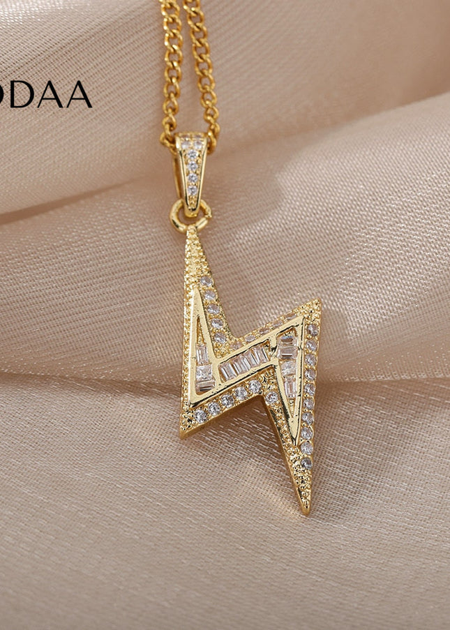 Noire Pendant Necklace | Gold Zirconia Lightning Bolt Chain - Gold - Necklaces