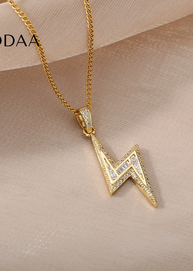 Noire Pendant Necklace | Gold Zirconia Lightning Bolt Chain - Gold - Necklaces