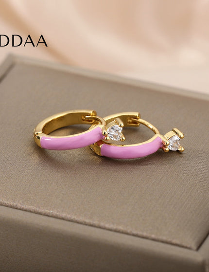 Velvet Earrings | Gold White Zirconia Cute Hoop Earrings - Purple - Earrings