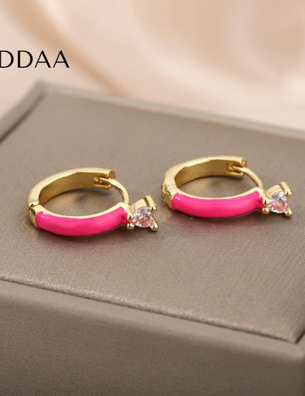 Velvet Earrings | Gold White Zirconia Cute Hoop Earrings - Pink - Earrings
