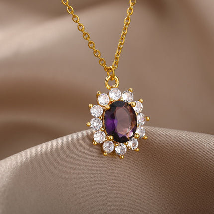 Romelle Pendant Necklace | Gold Zirconia Purple Stone Chain - Gold - Necklaces